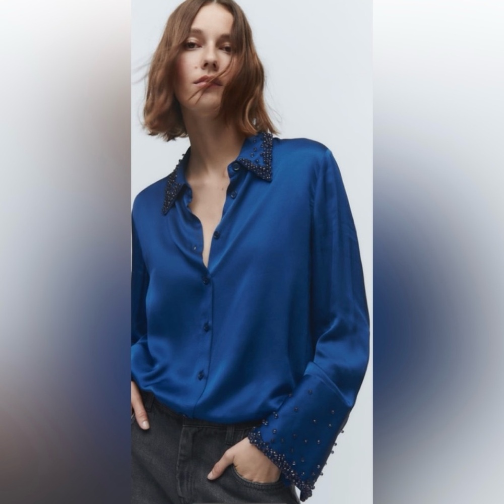 New Zara $89 Beaded Satin Effect Navy Blue Shirt Extra Small XS 4786/275
